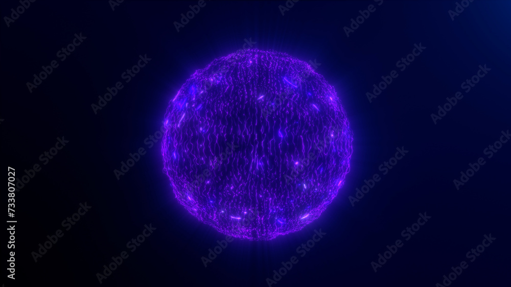 Bright glowing rotating particle purple pink sphere on dark background. Abstract technology, science, engineering and artificial intelligence animation. Plasma wave energy orb. Bright glowing rotating particle purple pink sphere on dark background. Abstract technology, science, engineering and artificial intelligence animation. Plasma wave energy orb.