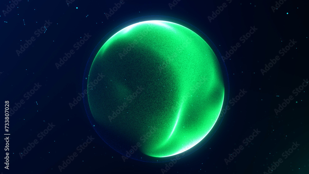 Obraz premium Abstract moving turquoise green plasma energy sphere of particles and waves of magical glowing on a dark background. Magic shiny orb with flowing surface.