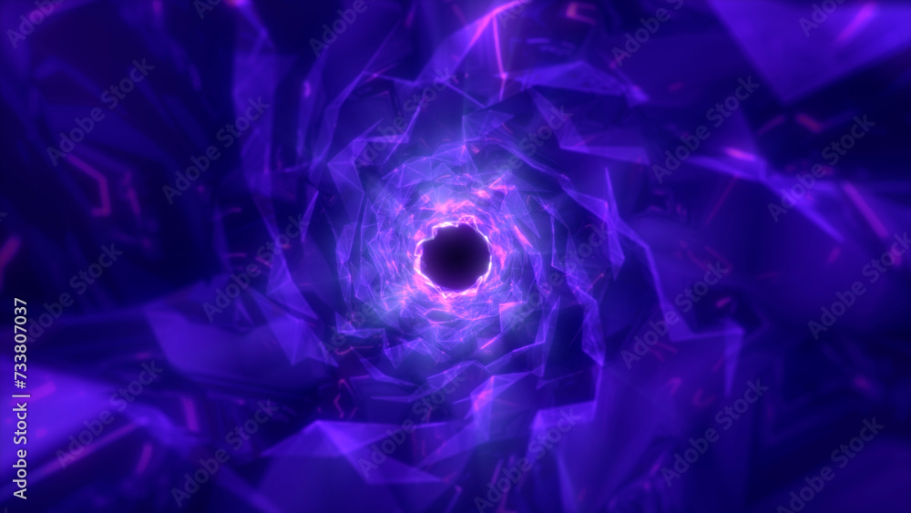 Naklejka premium Shiny glowing purple colored tunnel Background. Flying through abstract circular tunnel. Vortex tunnel. Futuristic wormhole. Abstract background with connecting dots and lines.