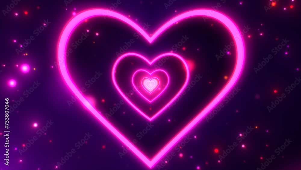 Pink purple heart Valentines day. Beautiful fly through abstract hearts Tunnel with light lines. Neon glowing background futuristic tunnel with shiny particles. Pink purple heart Valentines day. Beautiful fly through abstract hearts Tunnel with light lines. Neon glowing background futuristic tunnel with shiny particles.