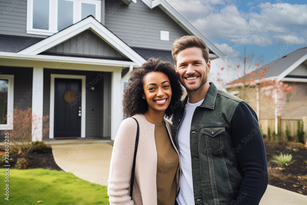 Multiethnic couple in front of house, real estate concept