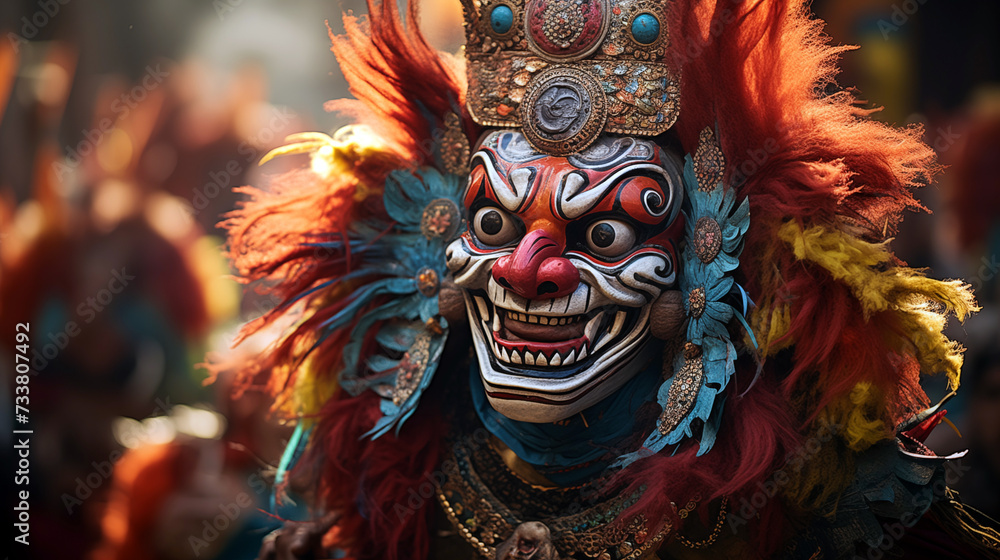 Barong mask showing elaborate design and cultural significance in Bali.