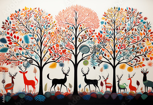 Traditional Gond art from India of deer and trees against a white background. photo