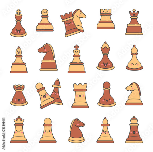 Cute chess pieces with happy face. King, queen, bishop, knight, rook, pawn. Cartoon kawaii character. Hand drawn style. Vector drawing. Collection of design elements.