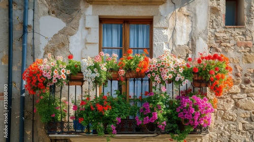 Flowers in Flower pot hanging on on traditional Balcony Fence, Spring Beautiful Balcony Flowers on Sunset
