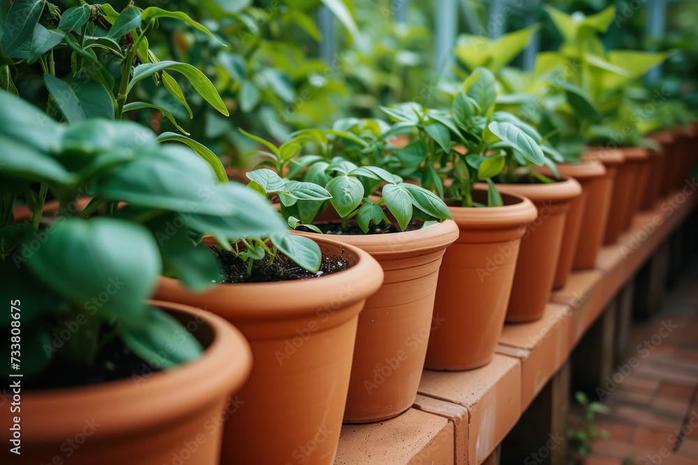 A Row of Potted Plants in a Greenhouse