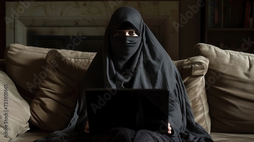 A Muslim woman in a niqab uses a laptop, blending modernity and tradition. Arabian businesswoman in niqab or black garment (abaya) works on a laptop