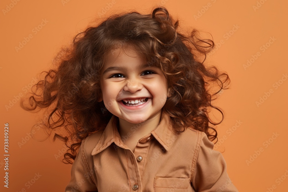 Portrait of a happy little girl with long curly hair, isolated on orange background Portrait of a happy little girl with long curly hair, isolated on orange background