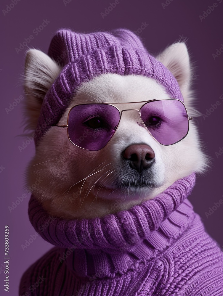 Samoyed dog portrait with glasses and high necked sweater, showcasing innovative and fashionable beauty trends