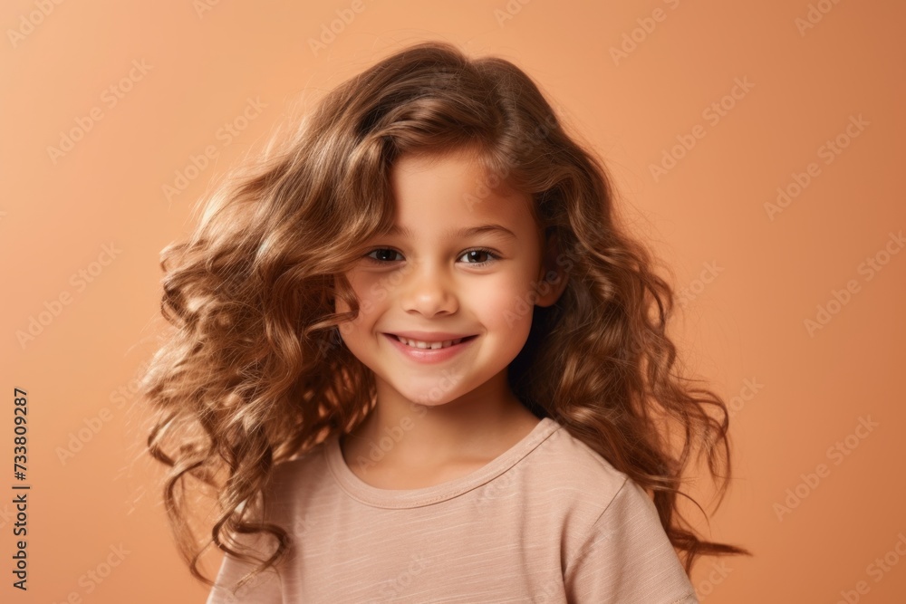 Portrait of a cute little girl with long curly hair on orange background Portrait of a cute little girl with long curly hair on orange background