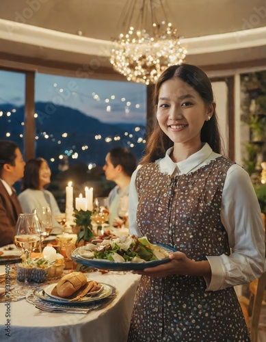 young woman warmly welcomes guests to her dinner party  embodying candid hospitality