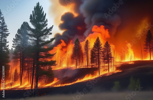A forest fire, due to the intense heat, forests burn and collapse quickly, a silhouette, a natural disaster. High quality photos. Made with the help of artificial intelligence. © Антонина Кузнецова