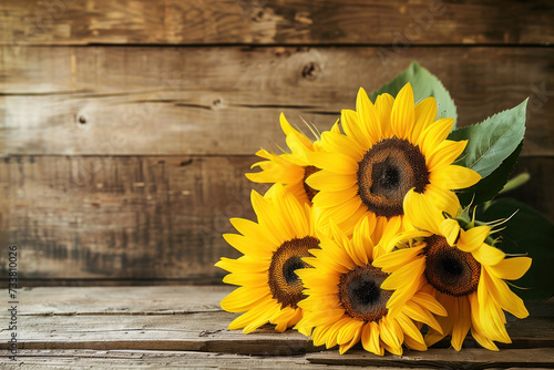 A Bouquet of Sunflowers on a Wooden Table
