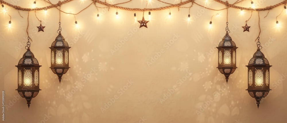 Garland with lanterns and moon adorn a festive Islamic backdrop Moroccan lanterns at night. Glittering party garlands. Ramadan kareem, Eid Mubarak. Eastern holiday design on beige background. Garland with lanterns and moon adorn a festive Islamic backdrop Moroccan lanterns at night. Glittering party garlands. Ramadan kareem, Eid Mubarak. Eastern holiday design on beige background.