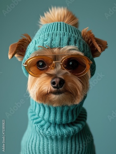 Yorkshire Terrier dog portrait with glasses and high necked sweater © hakule