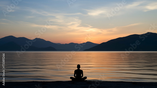 Silhouette of a seated person in a meditative pose by the water, with a serene sunset behind the mountainous landscape