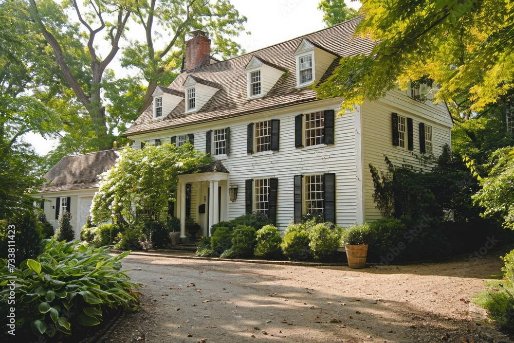 Classic American Colonial Home: A Picturesque View of the Exterior and Landscape