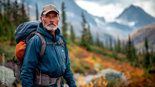 Hombre de 50 años andando por la montaña con ropa de montañero, mochila y gorro