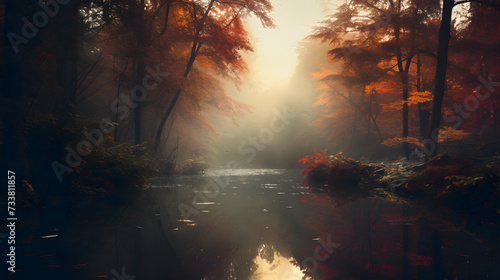 sunrise in the forest,, Photo panorama of the forest at dusk stone road 3d illustration 