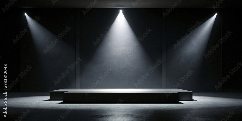 Spotlight illuminating a stage in a dark room with metal accents and empty shelves - obrazy, fototapety, plakaty 