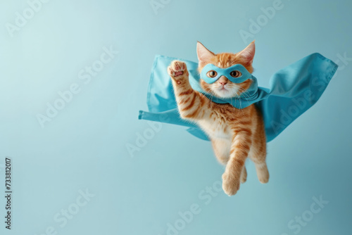 Cat Flying Through the Air Wearing a Blue Mask © reddish