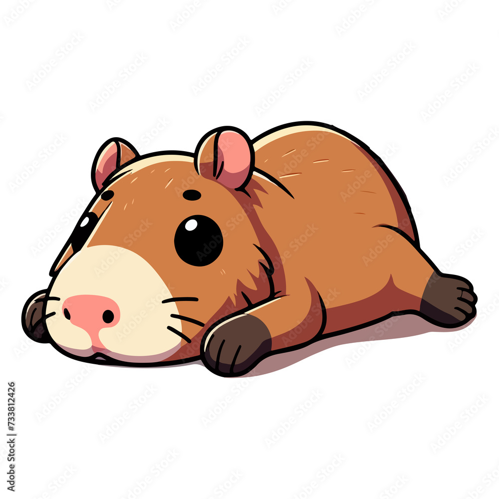 Naklejka premium A tired Capybara laying on his stomach with his legs stretched 