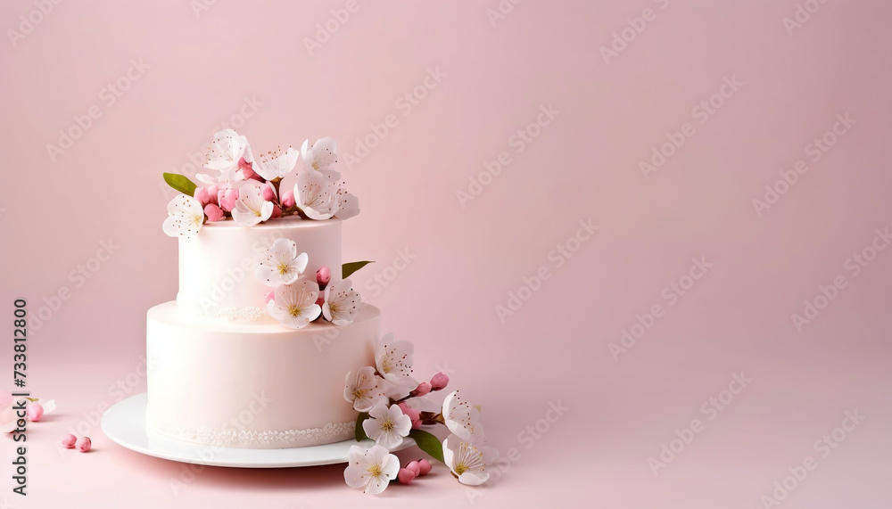 Wedding cake. Top view. Light pink background. Copy space. Wedding concept. Wedding cake. Top view. Light pink background. Copy space. Wedding concept.