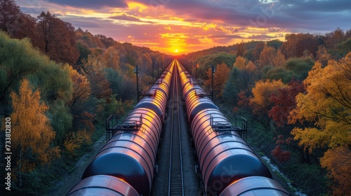 Majestic Sunset Over Rail Yard With Oil Tanker Train