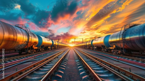 Majestic Sunset Over Rail Yard With Oil Tanker Train
