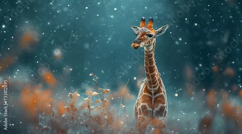 Obraz Giraffe standing in the snow. A majestic giraffe braves the cold, its tall figure a symbol of resilience and grace in the wintry wilderness