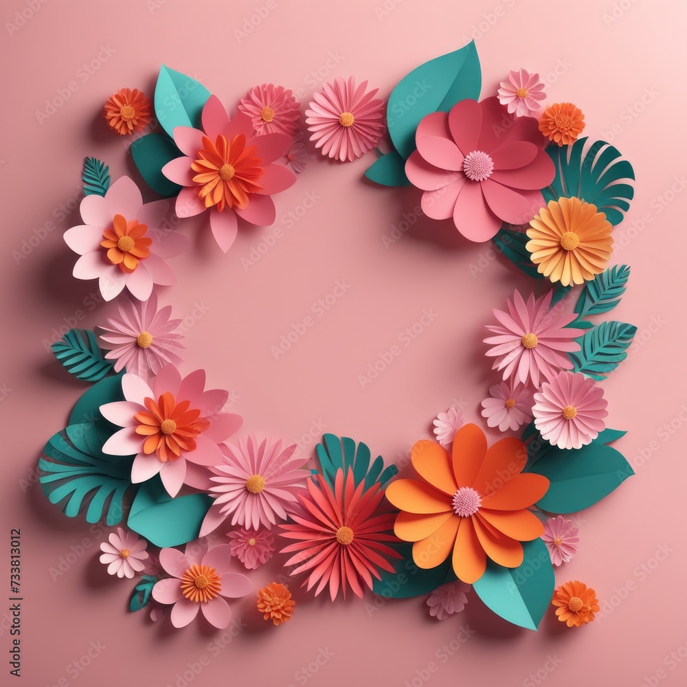 A vibrant wreath composed of paper cutout flowers and leaves A vibrant wreath composed of paper cutout flowers and leaves