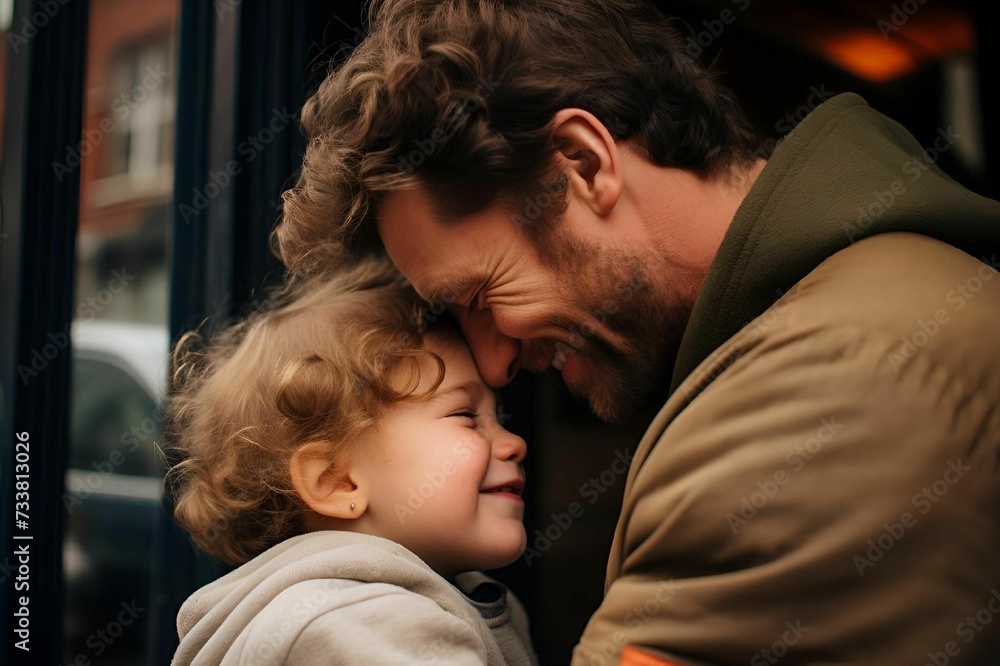 AI generated illustration of a smiling father embracing his son in front of a store AI generated illustration of a smiling father embracing his son in front of a store