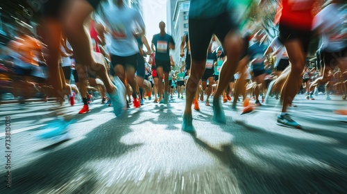 Runners in a marathon in motion, capturing the energy and competition of the race, symbolizing endurance, community, and the pursuit of fitness