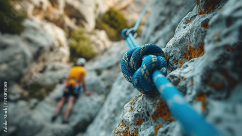 A close-up of a secure knot on a climbing rope with a climber ascending in the background, highlighting the themes of adventure, safety, and the spirit of mountaineering photo