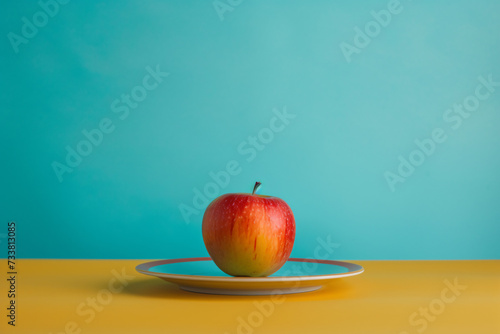 Red Apple on Blue Background: Simplicity in Healthy Eating Concept