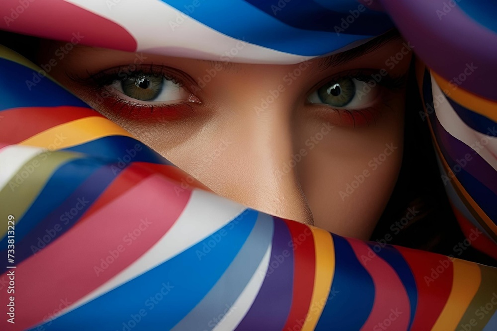 Fototapeta premium a woman with the colors of a rainbow painted dress over her face