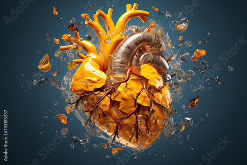 Human heart model intricately detailed and captured in a dynamic state of explosion, with fragments suspended mid-air.