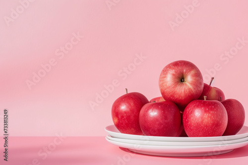 Vibrant Red Apples on White Plate with Pastel Pink Background
