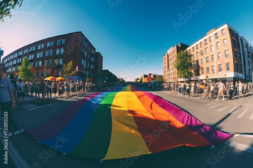 a rainbow striped rainbow flag is on a street corner next to pedestrians