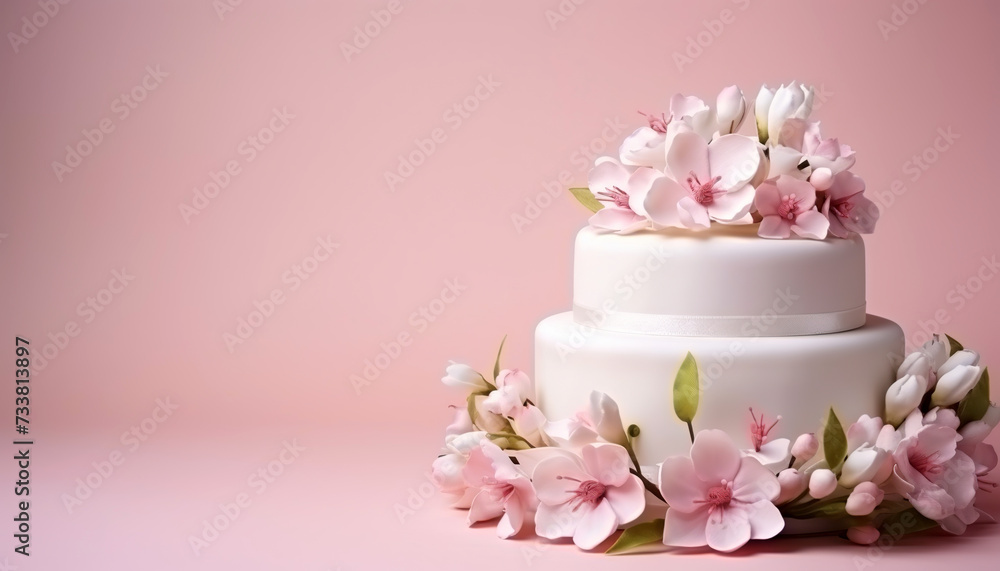 Wedding cake. Top view. Light pink background. Copy space. Wedding concept.