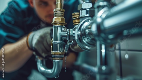 A plumber meticulously works on pipes, illustrating skill and precision in trade services, perfect for vocational training and service industry advertisements.