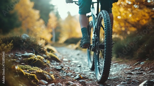 Close-up of a mountain biker's ride along a forest trail at dusk, capturing the essence of adventure sports and the beauty of nature. photo
