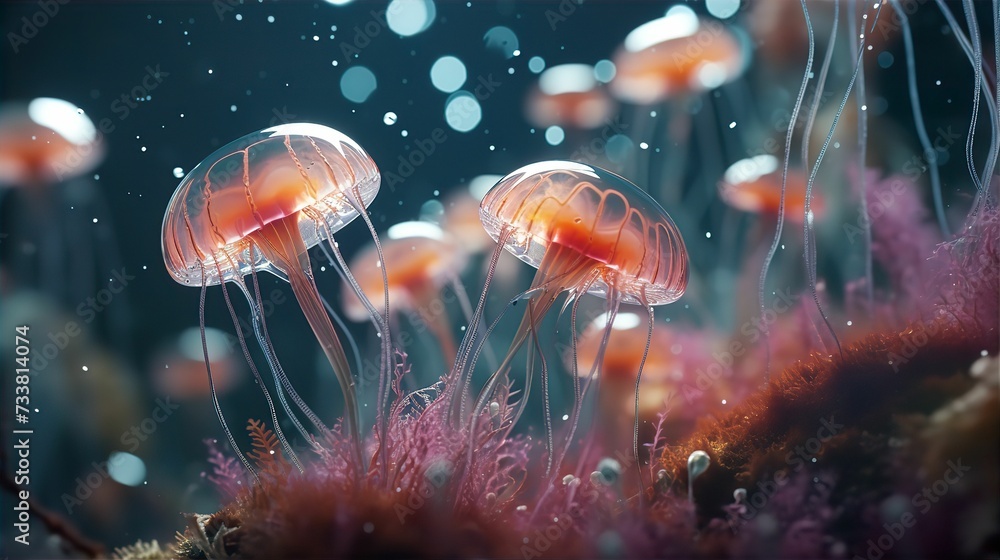 small jellyfish floating in an underwater scene at night with sparkling lights - obrazy, fototapety, plakaty 