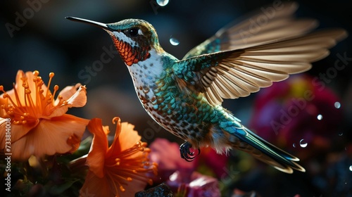 AI generated illustration of a hummingbird in motion, spreading its delicate wings photo