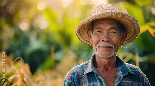 An elderly Asian farmer wearing a traditional hat smiles in a field at sunset, capturing a lifestyle and agriculture concept, ideal for advertising related to farming and rural life.