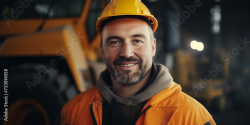 Baugeräteführer steht vor Baustellenfahrzeug und lächelt in die Kamera