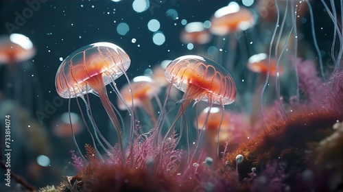 small jellyfish floating in an underwater scene at night with sparkling lights