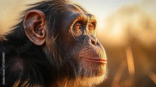 a young chimpan sitting in a grass field looking towards the horizon © Wirestock