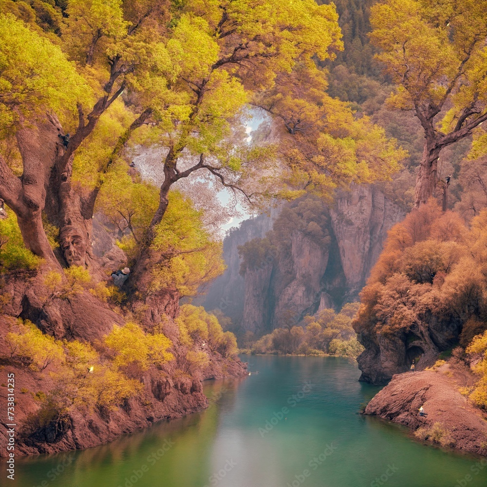 AI generated illustration of a tranquil river running through a landscape of yellow autumn trees
