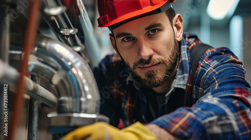 A professional plumber in a red helmet and plaid shirt focusing on adjusting pipes, captured in a lifestyle setting, emphasizing the concept of skilled trade and manual work.